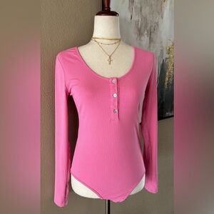 Pink henley long sleeve bodysuit